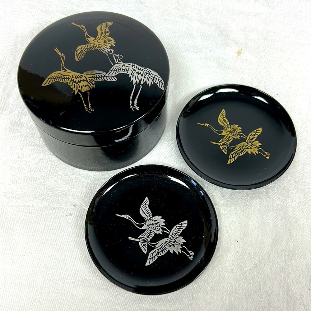 Vintage Japanese lacquerware coaster set with gold and silver lister cranes